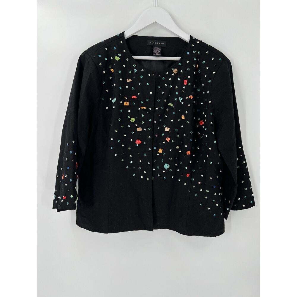 Silkland Vintage Jacket Womens 14 Large Black Beaded Sequin 3/4 Sleeves Career